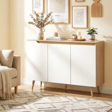 Buffet et chêne Blanc Bois 3 portes étagères réglables 5 pieds . 107x35x76,5 cm