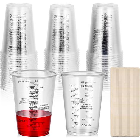 50 pièces 240 ML Gobelet Mélangeur en Plastique-Avec 50 Bâtonnets de Mélange,Gobelets Gradués avec Graduation Transparent pour Liquides, Mélange de Résine, Peinture, Pigments