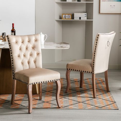 Chaises de salle à manger (adaptées à la cuisine ou au salon, lot de 2) — Assises rembourrées avec finition cloutée, pieds en bois massif et revêtement en velours — Camel clair (1/4)