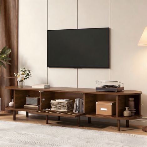 Meuble TV ovale 180x40x40 cm, noyer foncé, MDF rotin, porte roulettes, capacité 30 kg, salon ou chambre. (1/2)