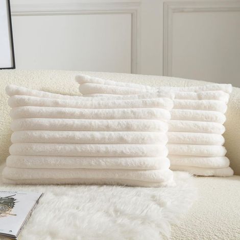 Blanc Laiteux 30X50 CM Lot de 2 Housse de Coussin Rayures Fausse Fourrure Doux Confortable Taie d'oreiller Decoration Maison Salon Chambre pour Canapé
