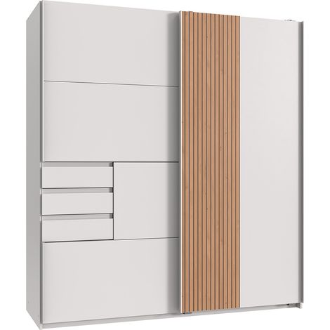 Armoire, meuble de rangement coloris Blanc, rechampis imitation chêne - Longueur 180 x Hauteur 198 x Profondeur 65 cm (1/3)