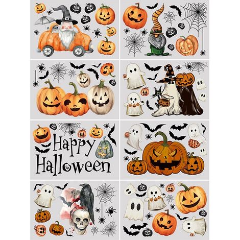 Adesivi autoadesivi per finestre di Halloween: zucche,fantasmi e pipistrelli in stile cartone animato dipinti a mano (1/2)
