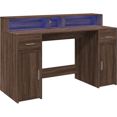 Bureau table poste de travail meuble d'ordinateur informatique étude et lumières LED chêne bois d'ingénierie brun