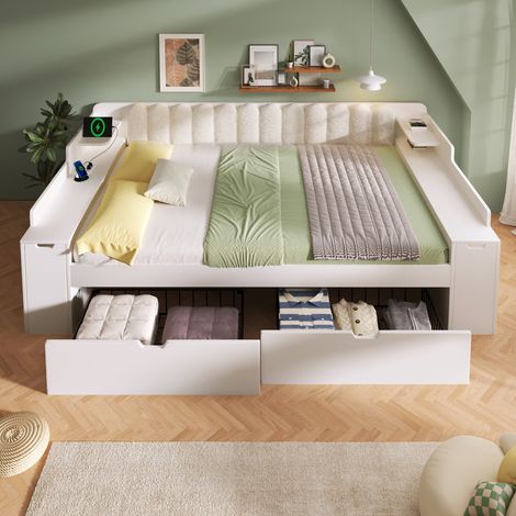 Lit banquette - 140x190 cm - sommier à lattes - 2 tiroirs - rangements intégrés - sur roulettes - prise de charge - blanc (1/4)