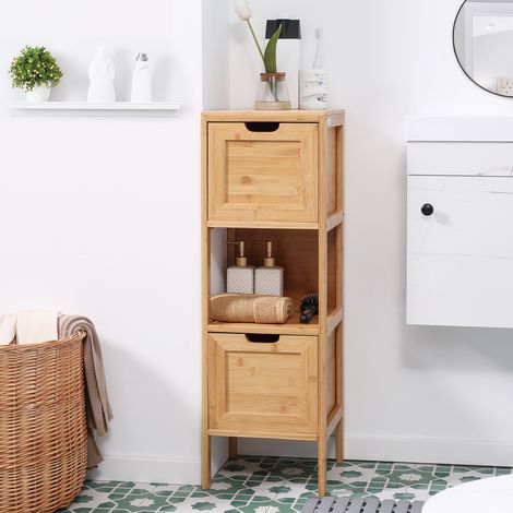 Mueble de baño 30x30x90 cm color madera natural de bambú con 2 cajones extraíbles y sistema antivuelco (1/5)