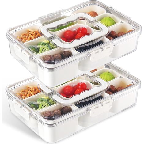 Confezione da 2 piatti da portata divisi con coperchio e manico - 9 scomparti Contenitore per snack, organizer portatile per snack, piatti per snack trasparenti impilabili (1/5)