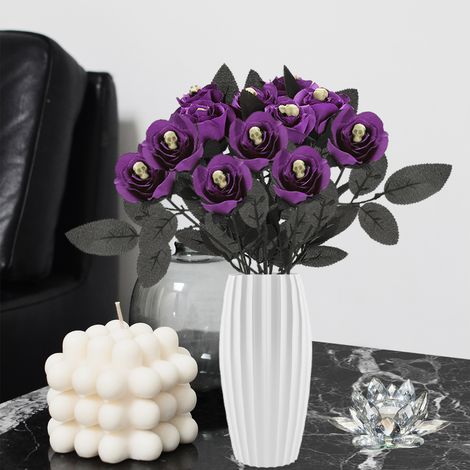 Lot de 10 roses artificielles noires avec crâne squelette pour Halloween, composition florale décorative. (1/4)