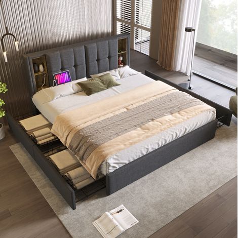 CHICFURN Cama doble 160x200 cm gris de lino con 4 cajones, carga inalámbrica y USB-C (1/5)