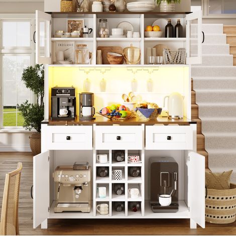 Buffet haut 120x40x170 cm blanc en MDF et verre avec LED, prises intégrées, rangement à vin et fermeture douce (1/5)