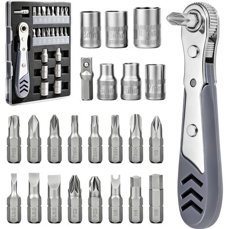 Clé à cliquet magnétique 24 en 1 110 mm 1/4" Mini tournevis à cliquet avec Phillips, fente, Torx, hexagonal, Pozidriv, Tri-Wing, type U, douilles, adaptateur AD (1/5)