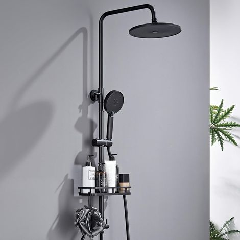 Colonne de Douche sans Mitigeur avec Inverseur en Laiton, Pommeau de Douche Rond 10" Autonettoyant, Douchette 3 Jets, Flexible PVC et Étagère sans Perçage, Noir (1/5)