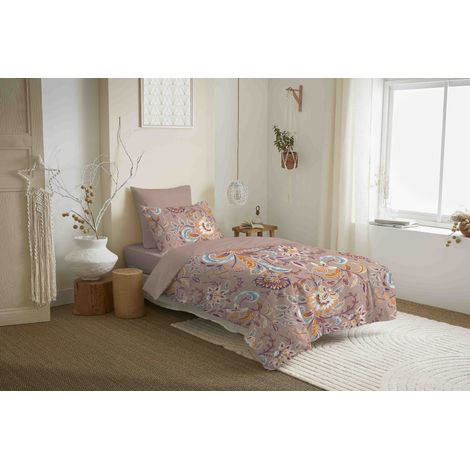 Pack complet housse de couette réversible "Vanessa" 4 pièces pour lit 90 x 190 Bergame Nude