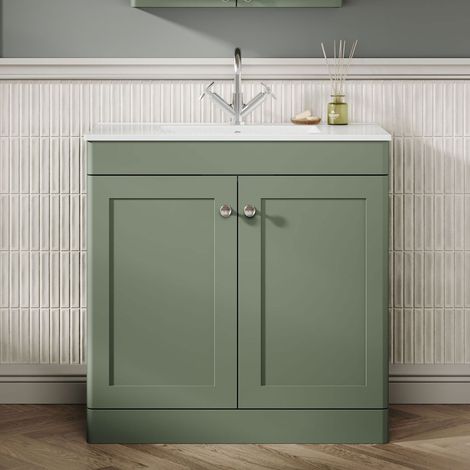 Nuie Classique Floor Standing 2-Door Vanity Unit with 1TH Minimalist Basin 800mm Wide - Satin Green (1/5)