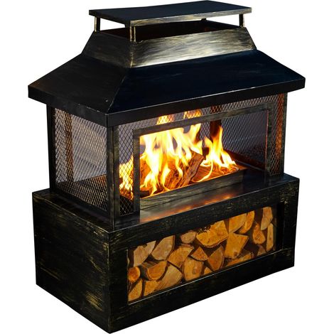 Neo Black Steel Outdoor Log Burner Fire Pit Chiminea Heater Stove with Mesh surround and Storage (1/5)