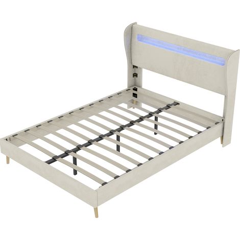 Cama tapizada moderna 140 x 200 cm beige con cabecero LED HOMVRA (1/5)