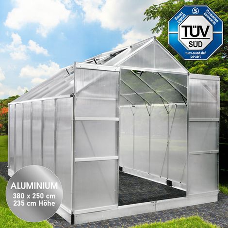 BRAST Gewächshaus Aluminium mit Fundament rostfrei TÜV geprüft 6mm Platten 380x250x235cm Silber (1/5)