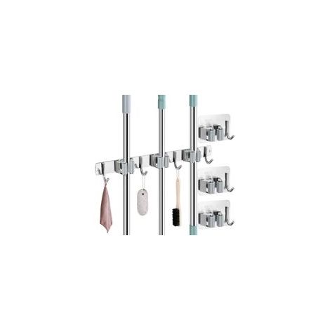 Accroche Balai Mural, Porte Balais en Acier Inoxydables avec 3 Emplacements, 4 Crochets et 3 Crochets Adhésifs Support Balai Organisateur Vadrouille de Rangement pour Jardin, Cuisine, Garage H314