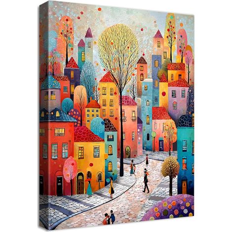 Cadre en Bois Impression sur Toile Ville Colorée Tableau Affiche Decoration Murale Image sur Toile Maison Fantastique Arbres Tableau Decoration Murale Salon Chambre à coucher Salle à Manger 40x60cm (1/5)