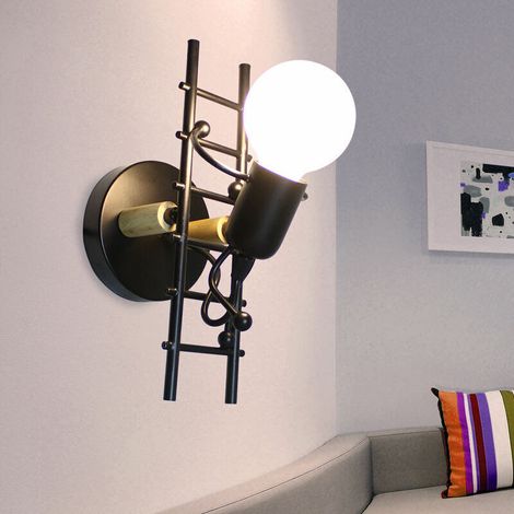 Créative Applique Murale Petit Gens de Fer, Lampe de Mur Style Simple Industrielle Lumière Interieur Enfant Bar Chambre Cuisine Restaurant Noir (1/4)