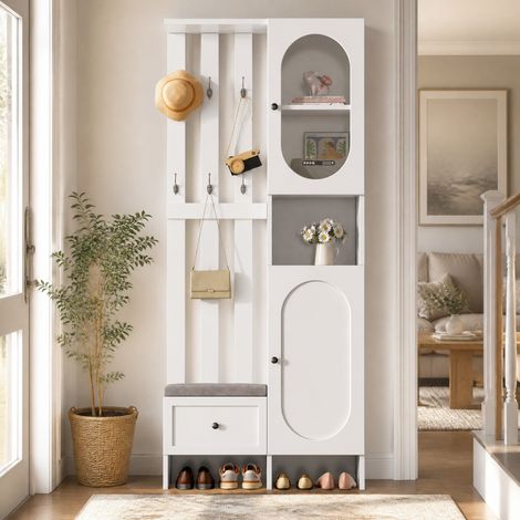 Mueble zapatero de entrada 85 x 33,5 x 200 cm con 6 ganchos y 2 armarios DESVIAE (1/5)