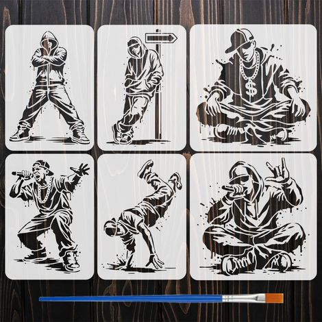6 Pièces Pochoirs de Personnages Hip-hop avec Pinceau 21x29,7cm Pochoir de Breakdancer Pochoir Homme Hip-hop Gabarit de Thème Graffiti pour Peinture sur Bois Mur Meuble DIY Décor Maison (1/5)