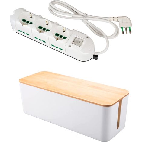 FANTON 481224S-B Kit multipresa con scatola organizer - 9 posti con 3 prese universali e 6 prese bivalenti italiane laterali ciabatta spina piccola 10A cavo 1,5mt - colore bianco (1/5)