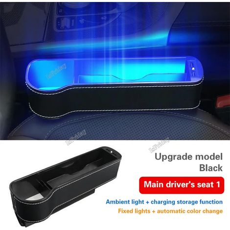 (Pilote principal noir) Organisateur de siège auto lumineux LED multicolore, boîte de rangement en cuir PU pour boisson, téléphone et portefeuille, accessoire auto (1/5)