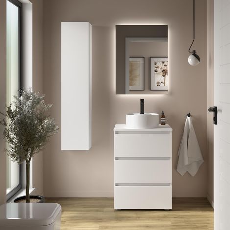 Meuble de salle de bain BEQUIA 3C 60cm Blanc mat Vasque à poser Porcelaine Centrale (1/5)