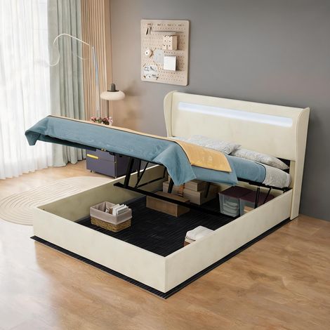 Tête de lit beige en tissu métal 200 x 140 x 156 cm (1/5)