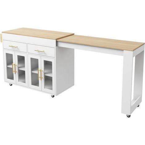 Chariot de cuisine 132-217 x 50 x 93 cm mobile à roulettes table bar extensible rangement intégré meuble à portes vitrées tiroirs (1/5)