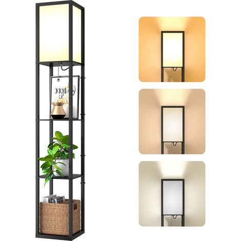 Lampadaire en bois avec Étagère, 1,6 m Lampadaire à Trois Températures de Couleur avec Ampoules E27 3000K-5000K, Lumière Décoration pour Chambre Salon Bureau Café Hôtel (1/5)