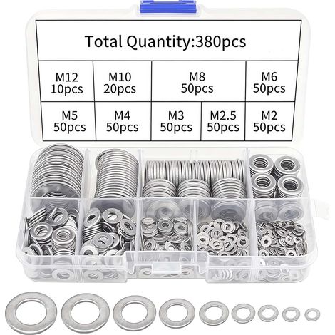 CCYKXA Packung mit 380 Edelstahl-Unterlegscheiben – Sortiment an Flachscheiben M2–M12 – Sicherheitsscheiben für Türscharniere – Ölablassschrauben für Hydraulikreparaturen (1/5)