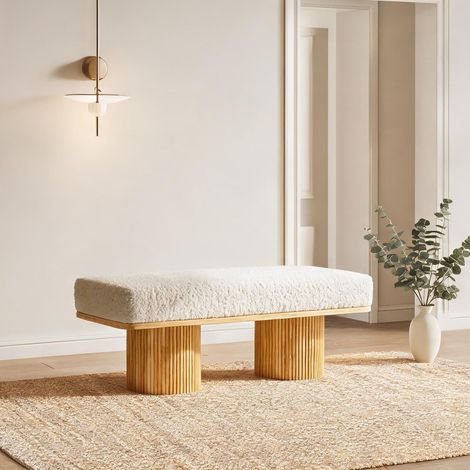 Banc en bois massif 122 cm avec assise capitonnée en teddy (1/5)