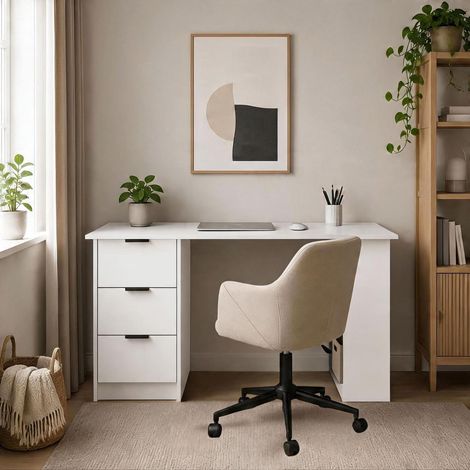 Phoenix White 3 Drawer Desk & Lumera Chenille Fabric Beige Office Chair Set (1/5)