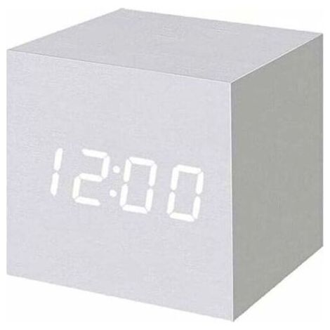 Digitaler Wecker aus Holz mit LED-Beleuchtung, digitaler Würfelwecker mit Datums- und Temperaturanzeige, USB-/Batterieanschluss (Weiß) (1/5)