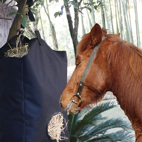 Grand sac à foin en tissu Oxford pour chevaux, pour une alimentation adaptée à l'espèce, avec plusieurs ouvertures pour une alimentation fraîche et saine, noir (1/5)