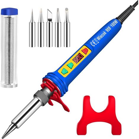 Tin Soldering Iron, Soldering Iron Kit 100W, Soldering Iron Adjustable Temperature 200600°C, On/Off Switch, 5 Soldering Iron Tips, Tin Soldering for Soldering Repair (Blue) (1/5)