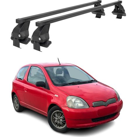 OMAC Dachträger Querträger Stahl für Toyota Yaris I 1999-2005 – Abschließbar – City-Crash-getestet – DIN 75302:2019 – ISO/PAS 11154:2006 – Max. 50 kg Schwarz (1/5)