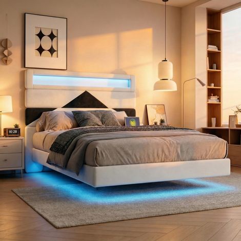 Letto sospeso 160x200 cm in velluto con LED e USB Type-C, letto matrimoniale moderno con testiera trasformabile