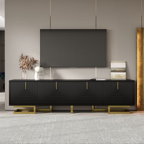 Meuble tv rangement 160 x 38 x 44.5 cm, banc TV avec portes texturées, meuble télé, poignées et pieds dorés,Rangement pratique,Noire (1/5)