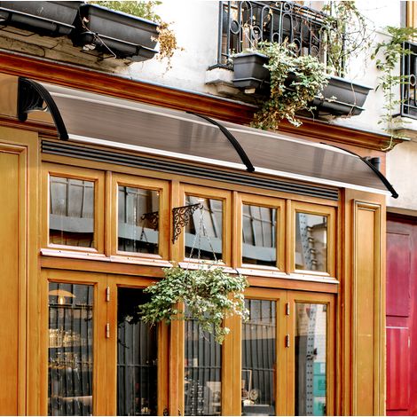 Toldo para puerta (75x195x23 cm), protección UV y lluvia, estructura de aluminio, marrón (1/5)