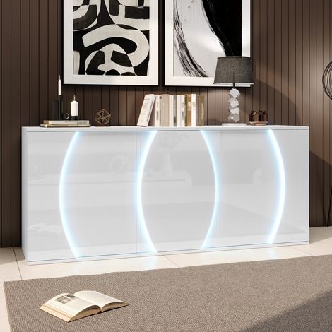 Buffet de salon 150x40x70 cm laqué brillant 3 portes éclairage LED design moderne meuble rangement blanc panneaux particules (1/5)
