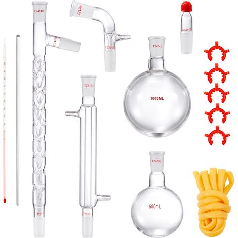Mophorn Kit de destilación de laboratorio, kit de destilación de vidrio de laboratorio 3.3 Boro con 24 y 40 compuestos, juego de equipos de destilación de aceites esenciales de 1000 ml, 14 piezas