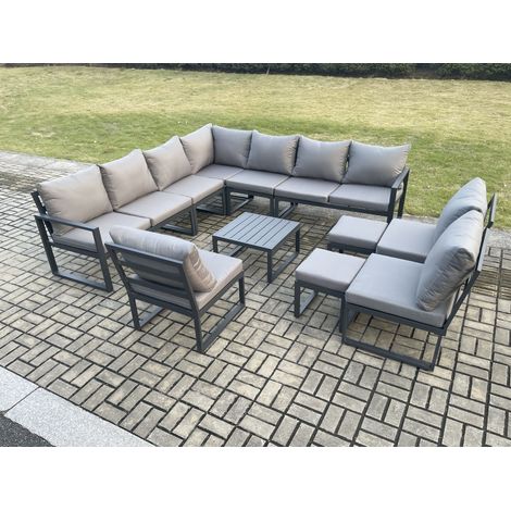 Fimous 12 Seater Outdoor Aluminium Garden Furniture Set Corner Lounge Sofa Set with Square Coffee Table 2 Small Footstools Dark Grey (1/5)