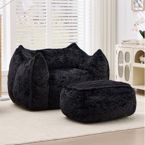 Fauteuil bean bag 123x97x73 cm noir avec repose-pieds et coussin, en fausse fourrure MEUBLIV (1/5)