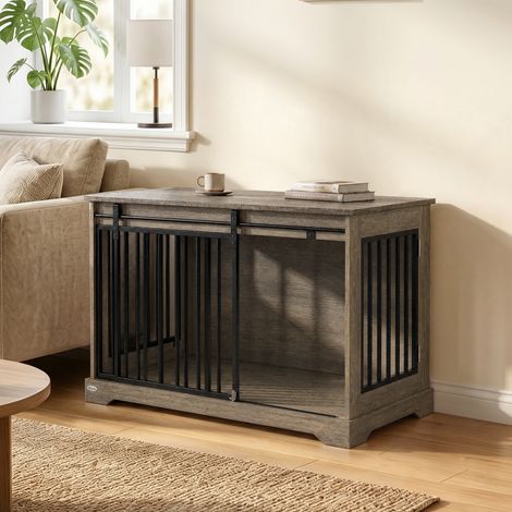 Cage pour Chien en Bois et Acier avec Porte Coulissante, Table d'Appoint, Niche Moderne, 100x60x68cm, Effet Bois Gris (1/5)