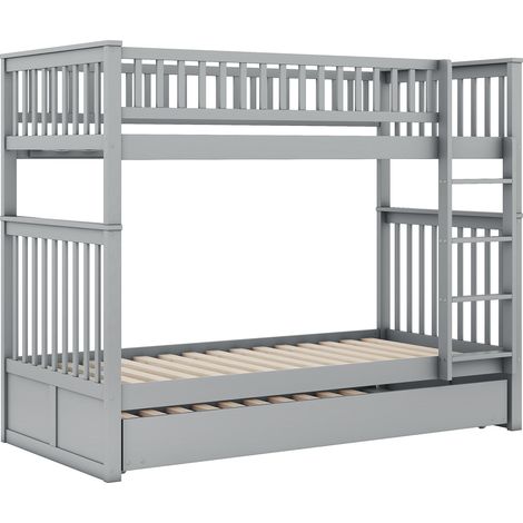 Lit Superposé 3 Places avec Lit Gigogne, Escalier et Barrières, 90×200 cm et 90×190 cm, sans Matelas, Gris (1/4)