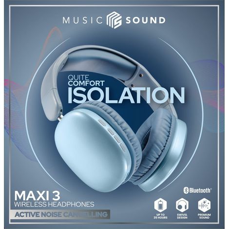 Music Sound MAXI3 Cuffie wireless over-ear MAXI3 con tecnologia Active Noise Cancelling: esperienza d'ascolto immersiva e priva di distrazioni, fino a 35 ore di autonomia. Design moderno, comfort, sti
