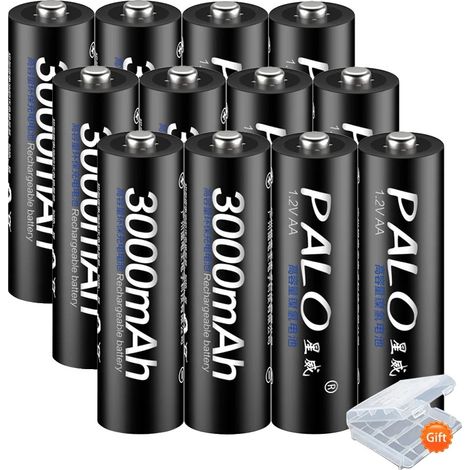 Pilas recargables, capacidad de 3000 mAh, amplia compatibilidad, 12 pilas AA negras (1/2)
